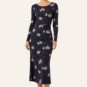 J. Peterman Black Floral Printed Secret Keeper Midi Dress Stretch Jersey Medium